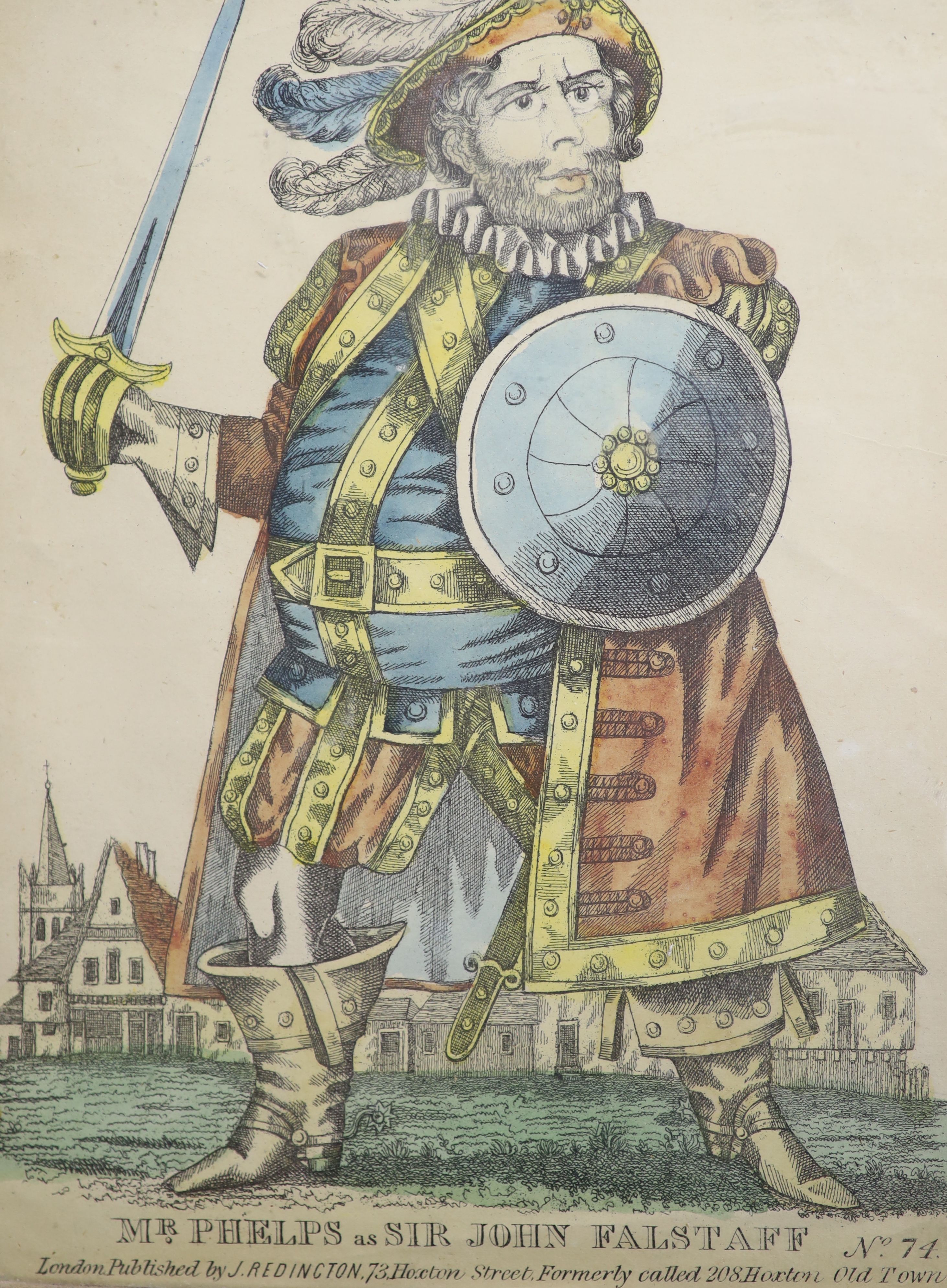 J. Redington Publ., a set of five hand coloured engravings, Studies of Shakesperian actors, 21 x 17cm and seven assorted prints